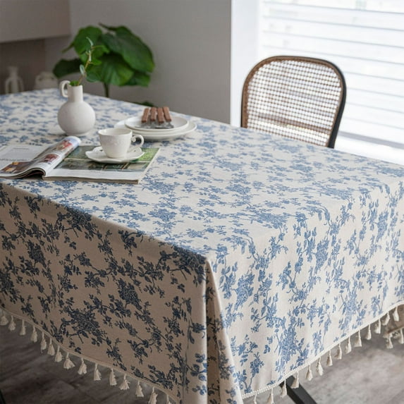 YOHAVEN Vintage Blue Rose Tablecloth Cotton Linen Tassel Rectangle Picnic Wedding Table Cloth Farmhouse Dining Kitchen Decoration for Banquet Birthday Party