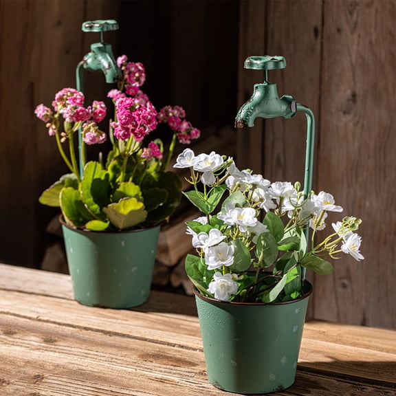 YOHAVEN Vintage Green Iron Faucet Planter Wall Mount, Rustic Outdoor Garden Flower Pot for Patio Yard Balcony Indoor Outdoor Plant Display