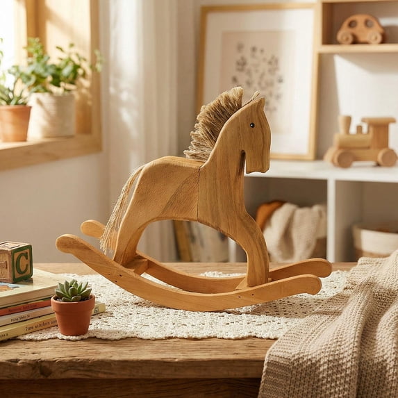 YOHAVEN Vintage Handcrafted Wooden Rocking Horse Ornament For Tabletop Or Shelf Display, Natural Pine Carving, Balanced Base For Gentle Rocking, Gift Ready Accent For Home, Office, Holiday Decor