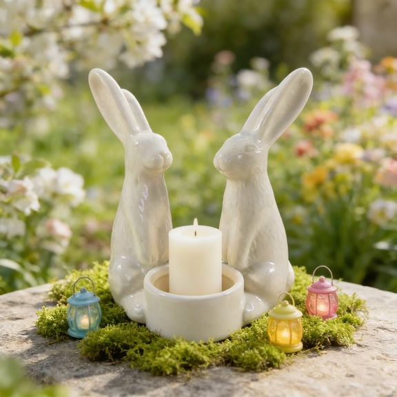 YOHAVEN White Ceramic Bunny Candle Holder, Easter Scented Candle Stand, Tabletop Decor For Dining, Mantel, Window, Gift, Indoor Seasonal Accent Home Table Display Or Party Settings