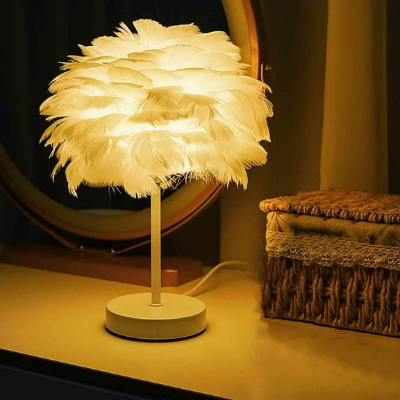 YOHAVEN White Feather Table Lamp with Wooden Base, Soft and Elegant Feather Lampshade, Decorative Lighting for Bedroom, Living Room, Home Decor, Romantic Lighting Gift for Her