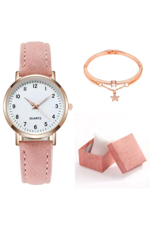 Women’s Quartz Watch with Bracelet Gift Set, Retro Round Dial Luminous Analog Wrist Watch with Leather Strap, Small Elegant Ladies Watch for Anniversary Birthday Mother’s Day Gift