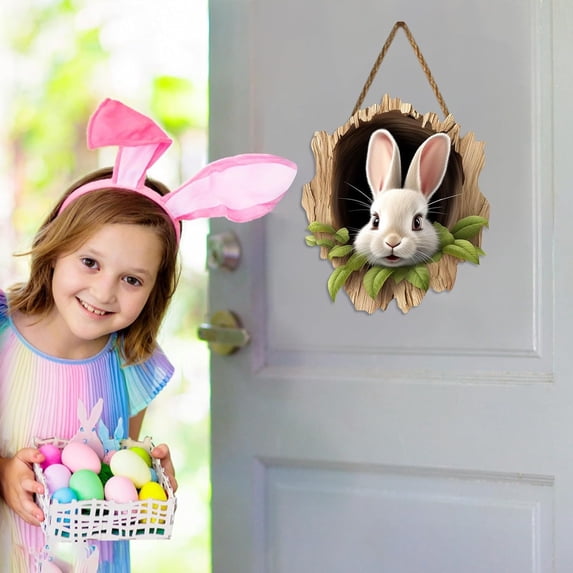YOHAVEN Wooden Easter Door Sign Welcome Hanging Decoration, Handcrafted Spring Front Door Accent With Bunny Cutouts, Colorful Reusable Indoor Outdoor Entryway Decor, Secure Pre-Drilled Holes