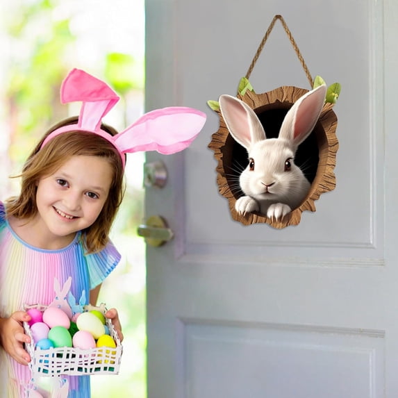 YOHAVEN Wooden Easter Door Sign Welcome Hanging Decoration, Handcrafted Spring Front Door Accent With Bunny Cutouts, Colorful Reusable Indoor Outdoor Entryway Decor, Secure Pre-Drilled Holes