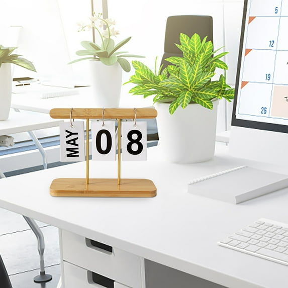 YOHAVEN Wooden Perpetual Desk Calendar Flip Blocks Creative Month Date Display Vintage Office Tabletop Decorative Accessory Photo Props Reusable Desktop Ornament for Home Office Living Room