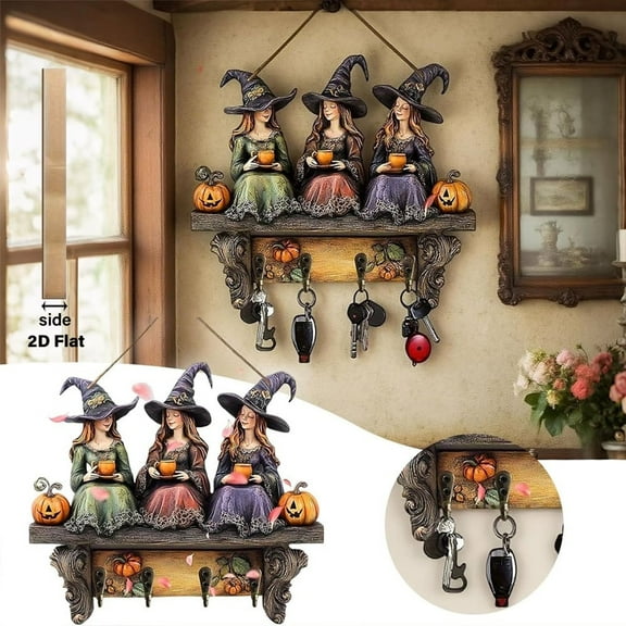 YOHAVEN Wooden Wall Key Holder Hanging Rack, Courtyard Scene Decorative Wooden Key Organizer with Hooks Rustic Entryway Kitchen Office Living Room Wall Hanging Storage Home Decoration