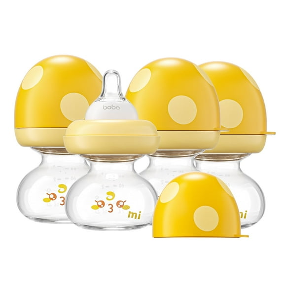 YOHKOH 2.7oz Newborn Glass Baby Bottles Set,with Slow Flow Nipple,for 0m+,4-Pack,Yellow