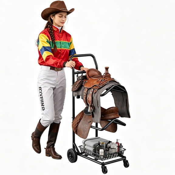 YOHKOH 2-Tier Rolling Horse Saddle Rack Cart with Storage Basket, Lockable Wheels