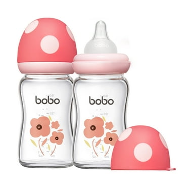 YOHKOH 6 oz Mushroom Cap Glass Baby Bottle,Wide Neck+Anti-Colic,for 1-3 Infant,Red,2pk