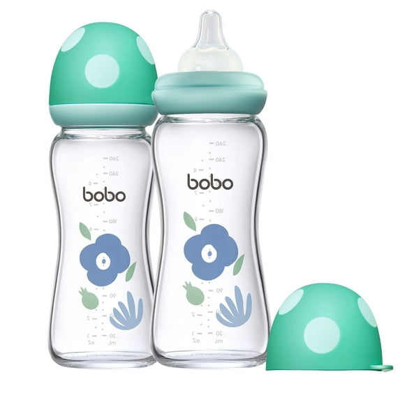 YOHKOH 8.8 oz/2Pk- Blue Set,Natural Anti Colic Glass Baby Bottles,for 3m+ Babies
