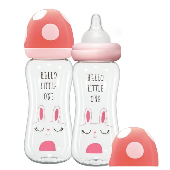 YOHKOH 8.8 oz Glass Baby Bottle,Red,Level 2 Nipple,Wide-Neck Bottle,2pk,for 3m+ Toddler