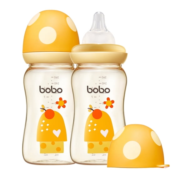 YOHKOH Anti-Colic Baby Bottle Yellow,PPSU,Mushroom Cap,Wide-bore,for Toddler Infant,8.8ounce,2pcs