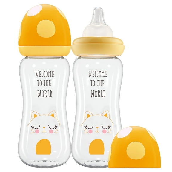 YOHKOH Anti-colic Glass Baby Bottles,with Vent,Mushroom Cap,8.8 oz/260ml,2pk,Yellow