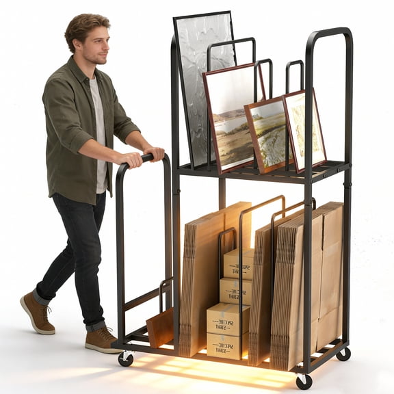YOHKOH Cardboard Organizer Cart, 2-Tier Adjustable Rolling Rack on Locking Wheels, Heavy-Duty Packing Station, Canvas & Paint Drying Rack for Home, Office & Studio