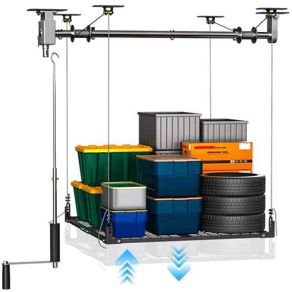 YOHKOH Garage Ceiling Storage Racks, 4x4 FT Heavy-Duty Overhead Garage Storage Lift System with Secure Lock, Adjustable Organization for Workshop & Basement