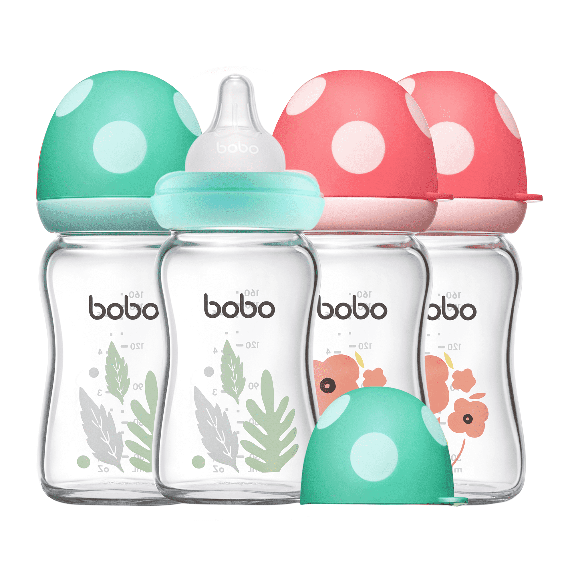 YOHKOH Glass Bottles,for Breast/Mixed Feeding Newborn,Slow Nipple,5.4oz,4pk (Red,Blue)