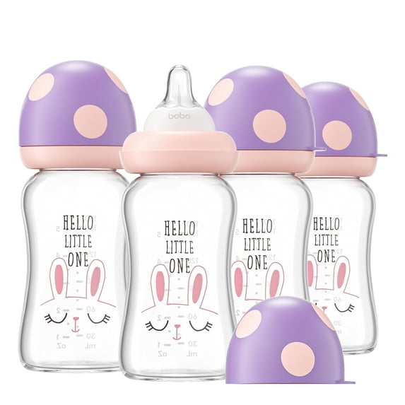YOHKOH Natural Baby Bottles+Wide-Neck Level 1 Nipple,0m+(5.4oz (Pack of 4)Purple)