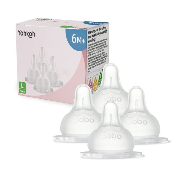 YOHKOH Natural Flow Level 3,Wide-Neck Baby Bottle Silicone Nipple,Medium-Fast Flow,6m+,4Pk