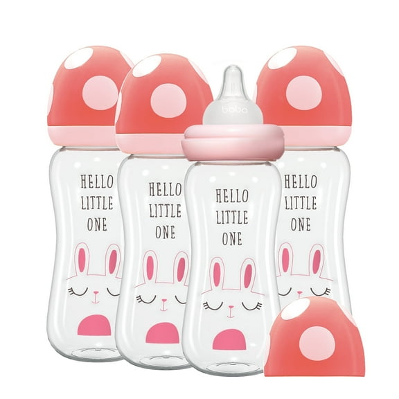 YOHKOH Natural Glass Baby Bottles,Level 2 Nipple,Wide-Neck Bottle,4pk,(8.8 oz)Red