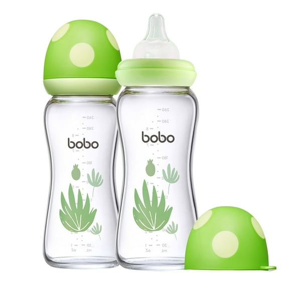 YOHKOH Natural Glass Bottle with Natural Response Nipple,Green, 8.8oz,2Pk,Baby Bottles Gift Set