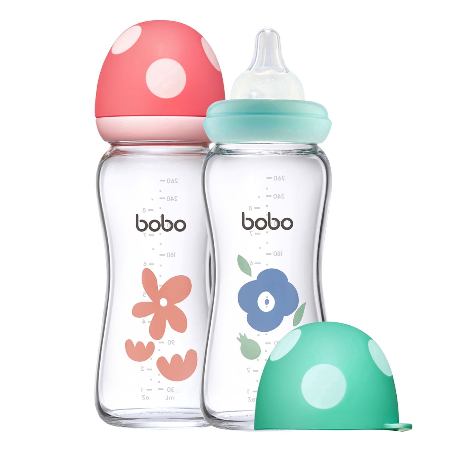 YOHKOH Newborns Glass Bottles,Natural Response Nipple,Wide-Neck Bottle,8.8 oz/2pk,(Red,Blue)