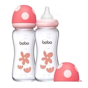 YOHKOH Wide Neck Glass Baby Bottles, Natural Response Nipple, Red, 8.8 oz, 2 Pack