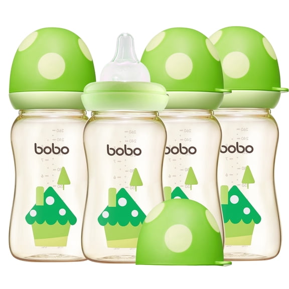 YOHKOH PPSU Baby Bottles,Mushroom Cap+Wide-neck,Medium Flow,for 3 m+ Infant,8.8oz/260ml,4pk,Green