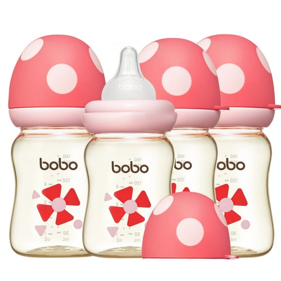 YOHKOH PPSU Baby Bottles Red,Mushroom Cap,Wide-neck,Slow Flow for Newborn,5.4 ounce,4 count