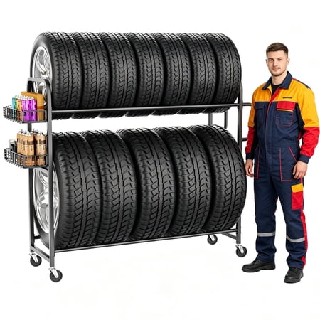YOHKOH Rolling Tire Storage Rack with Basket 2-Tier Adjustable Height 57"W x 19.7"D x 59"H Heavy Duty Steel Garage Tire Rack Holds 500 lbs