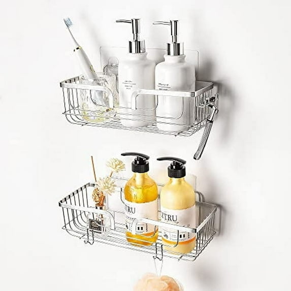 YOHOM Bathroom Shelves Shower Caddy Shower Basket Shampoo Shower Gel Holder Bathroom Organizer Storage Adhesive Kitchen Rack Wall with Hooks for Razor and Sponge Stainless Steel No Drilling