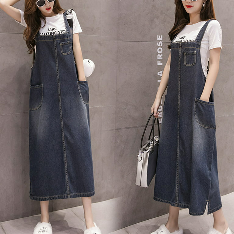 YOHOME Women Loose Sling Denim Skirt Dungaree Dress Overall Jeans Long  Pinafore, Blue, M 