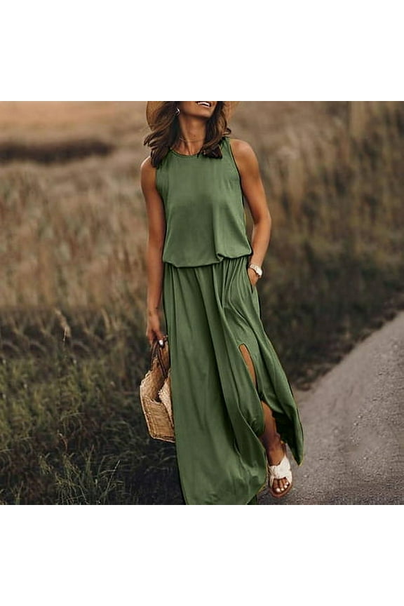Summer Saving 2024 Abomasnow Womens Sexy Sleeveless Crew Neck Long Sundresses Casual Solid Side Split Tank Dress with Pockets