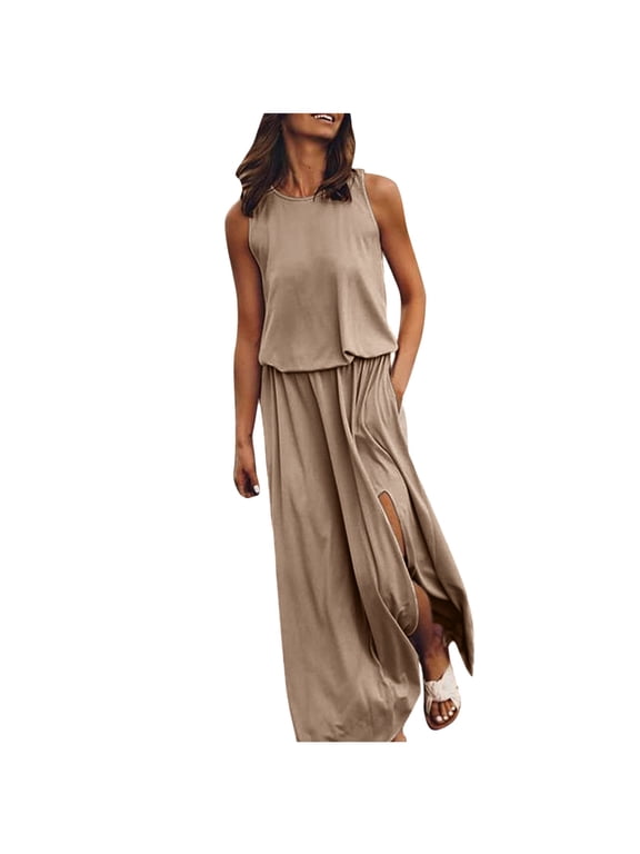 Summer Saving 2024 Abomasnow Womens Sun Dresses Sexy Sleeveless Crew Neck Long Dress Casual Solid Side Split Tank Dress with Pockets