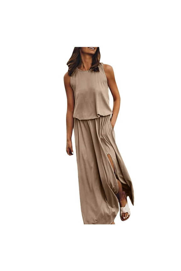 Summer Saving 2024 Abomasnow Womens Sun Dresses Sexy Sleeveless Crew Neck Long Dress Casual Solid Side Split Tank Dress with Pockets
