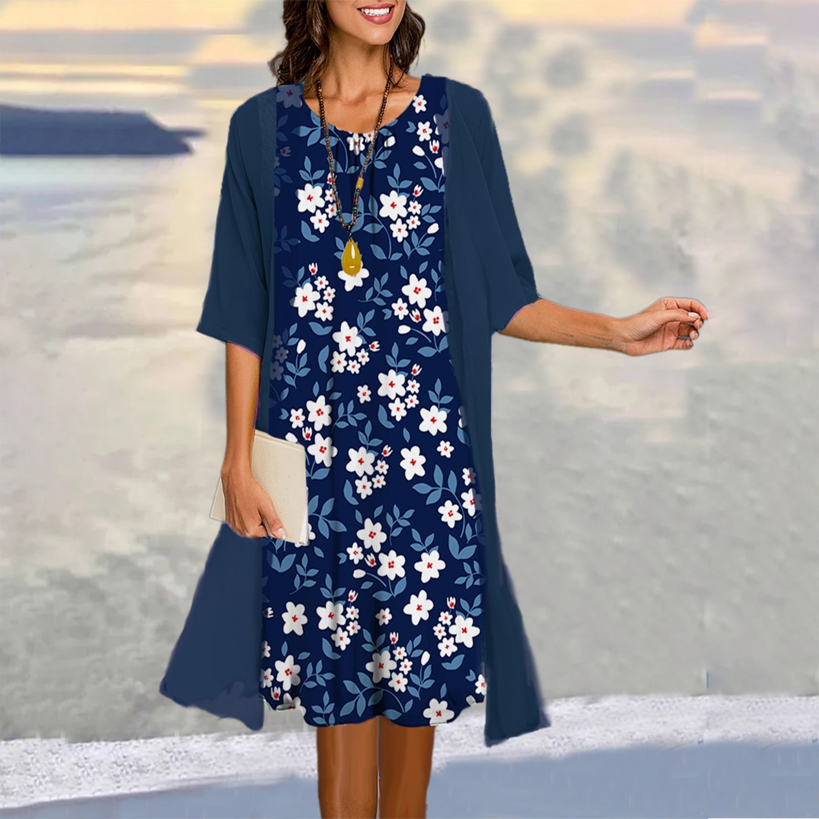 YOHOME Women s Two Piece Dress Printed Vest Medium Length Dress