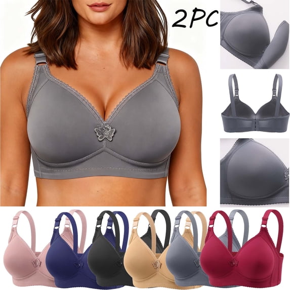 YOIAVAIOY 2 PC Wireless Push Up Bras for Women Front Closure Full Coverage Bra with No Underwire Extra Foam Padding for Added Shape Dark Gray XL
