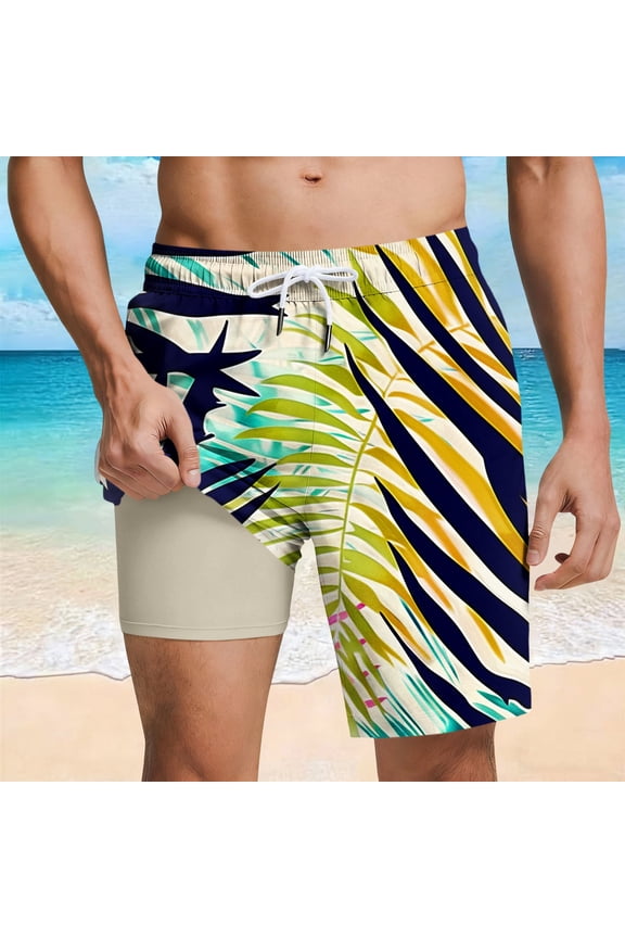 2 in 1 Men's Swim Trunks 9" Bathing Suit Built-in Board Shorts Swimwear Long Shorts with Zipper Pockets Multicolor M
