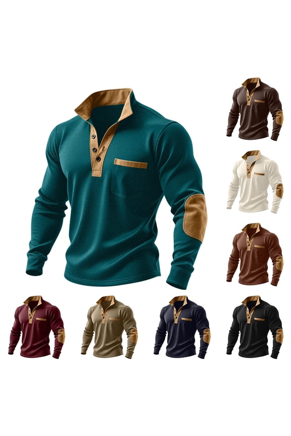 3 Button Pullover Men Long Sleeve Waffle Stand Collar T Shirt Casual Vintage Shirts with Elbow Patches Army Green XXXL