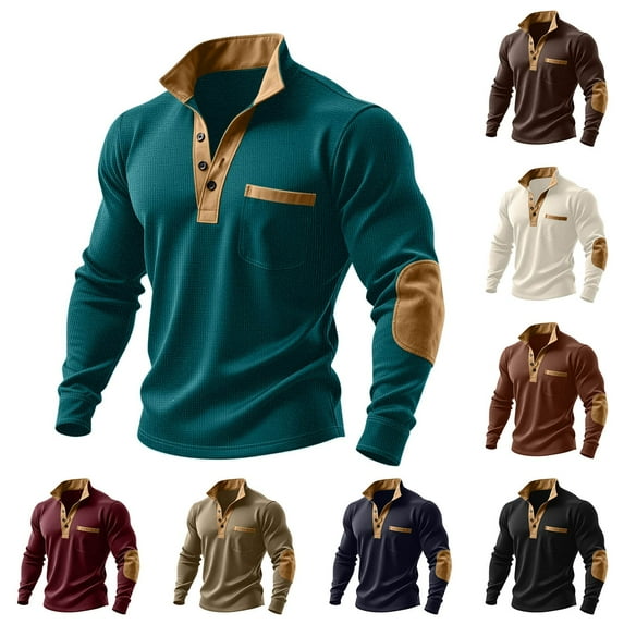 YOIAVAIOY 3 Button Pullover Men Long Sleeve Waffle Stand Collar T Shirt Casual Vintage Shirts with Elbow Patches Coffee XL