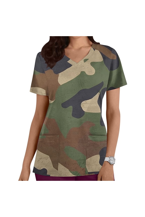 Army Green Printed Work Uniforms for Women Camouflage Scrub Tops V Neck Short Sleeve T-Shirt with Pockets M