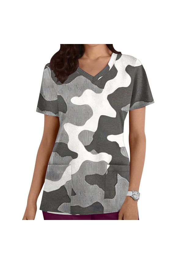 Army Green Printed Work Uniforms for Women Camouflage Scrub Tops V Neck Short Sleeve T-Shirt with Pockets XL