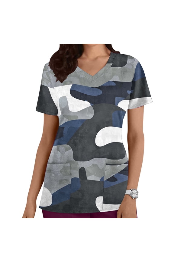 Army Green Printed Work Uniforms for Women Camouflage Scrub Tops V Neck Short Sleeve T-Shirt with Pockets XXL