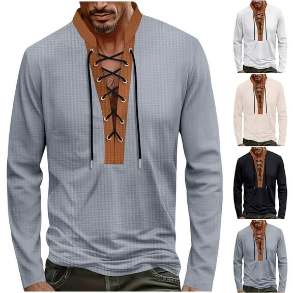 YOIAVAIOY Basic Casual T Shirt for Men Lace Up Trendy Y2k T Shirts Long Sleeve Hispter Street Pullover Tops Black M