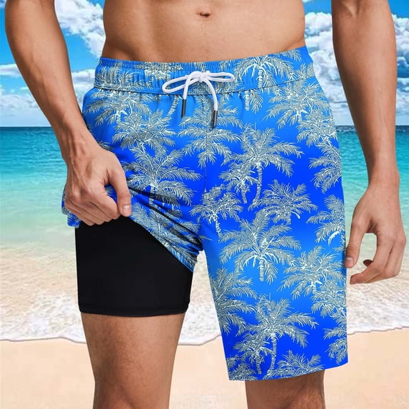 YOIAVAIOY Big and Tall Mens Swim Trunks with Compression Liner Swimsuit Bathing Swim Board Shorts Quick Dry Shorts Blue M