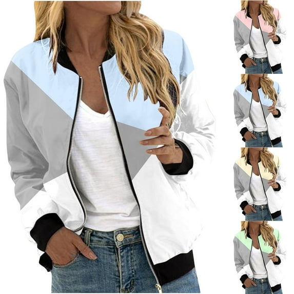 YOIAVAIOY Bomber Jackets for Women Color Block Zip Up Casual Fall Jacket Long Sleeve Stand Collar Windbreaker Outerwear Green M