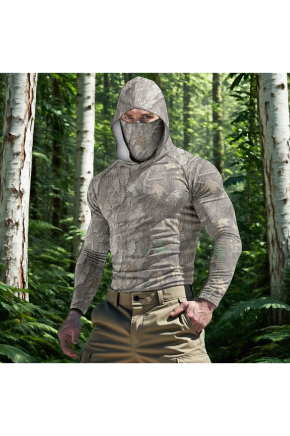 Camo Print Sun Protection Jacket for Men Features Integrated Face Mask and Hood, UPF50+ Rated, Breathable Material for All-Day Outdoor Wear Camouflage XXL