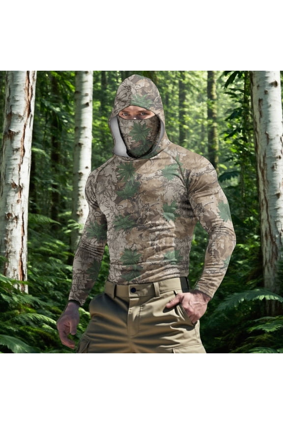 Camo Print Sun Protection Jacket for Men Features Integrated Face Mask and Hood, UPF50+ Rated, Breathable Material for All-Day Outdoor Wear Camouflage XXXXXL