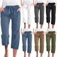 thumbnail image 1 of YOIAVAIOY Capris Pants for Women Cotton Linen Casual Summer 2026 Straight Wide Leg Capris Loose Drawstring Elastic Waist Cropped Pants Navy M, 1 of 9