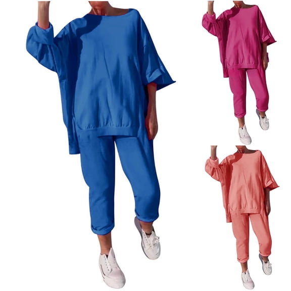 YOIAVAIOY Casual Two Piece Sets for Women Oversized Sweatshirt Loose Straight Leg Pants Lounge Solid Sets Casual Travel Matching Outfits Blue M