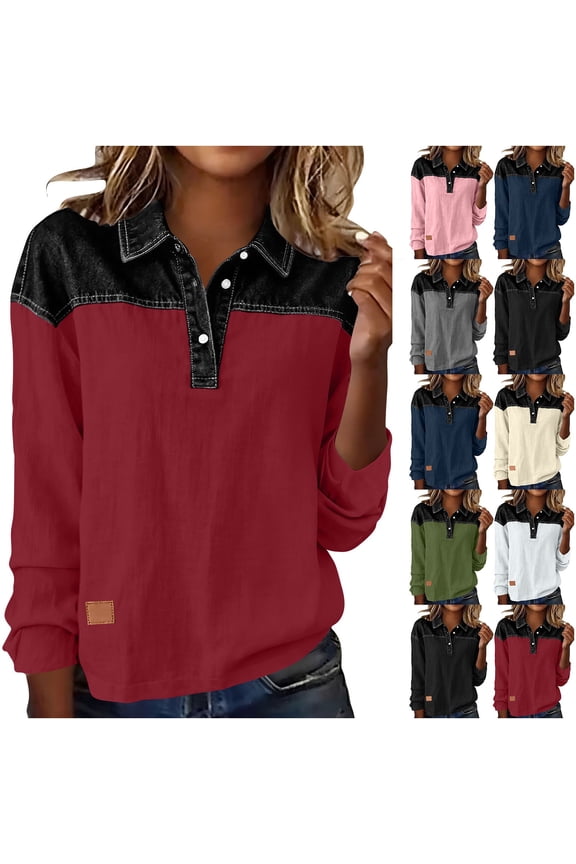 Color Block Shirts for Women Denim Print Lapel Collar Pullover Long Sleeve Lightweight Linen Casual Shirt Wine M
